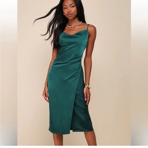 Lulus Hollywood Forest Green Satin Midi Dress Women's Size medium - Picture 1 of 15
